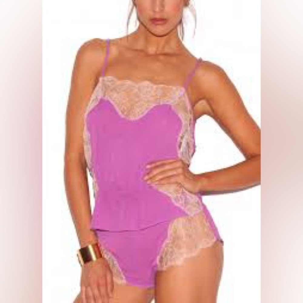 New Fleur du Mal Purple nude Lace Trim cami tap short set 100% silk M